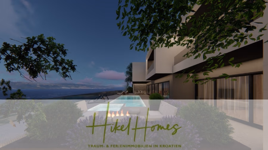 Schlüsselfertige – großzügige Meerblick Villa in ruhiger Lage, 4 SZ, 4 Bäder, Pool, … - Moderne Villa am Meer mit Pool, umgeben von Grün und mit Blick auf das Meer unter blauem Himmel. Im Vordergrund befindet sich ein Logo mit dem Text „Hikel Homes“ und einem Slogan auf Deutsch über Traum- und Ferienimmobilien in Kroatien. (42292)