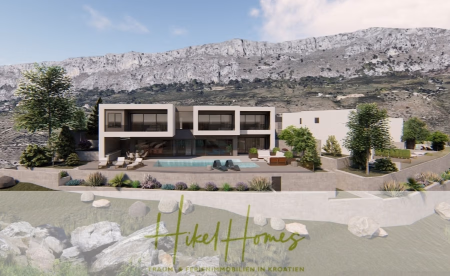 Schlüsselfertige – großzügige Meerblick Villa in ruhiger Lage, 4 SZ, 4 Bäder, Pool, … - Ein modernes Luxushaus mit Pool vor der Bergkulisse. Das Haus besticht durch große Fenster und minimalistisches Design. Im Vordergrund befinden sich angelegte Gärten und ein Steinweg. (42287)