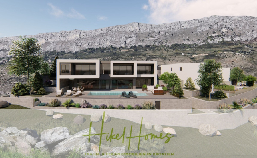 Schlüsselfertige – großzügige Meerblick Villa in ruhiger Lage, 4 SZ, 4 Bäder, Pool, … - Moderne Villa mit Pool und Terrassenbereich vor einer felsigen Bergkulisse, umgeben von Grün. Das Bild enthält das Logo "Hikel Homes" und einen deutschen Text über Immobilien in Kroatien am unteren Rand. (45669)