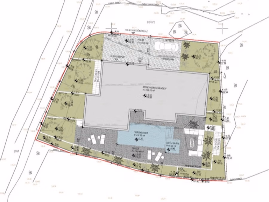 Schlüsselfertige – großzügige Meerblick Villa in ruhiger Lage, 4 SZ, 4 Bäder, Pool, … - Architektonischer Lageplan mit einem Gebäudegrundriss im Zentrum, umgeben von Landschaftsdetails und Wegen. Verschiedene Symbole weisen auf Bäume und Gartenmöbel hin. Der Plan ist von Begrenzungslinien umgeben und enthält Maßangaben und Anmerkungen. (42299)