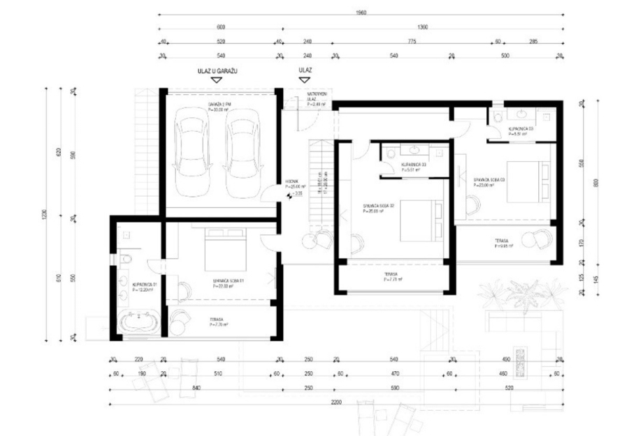 Schlüsselfertige – großzügige Meerblick Villa in ruhiger Lage, 4 SZ, 4 Bäder, Pool, … - Schwarzer und weißer architektonischer Grundriss eines einstöckigen Hauses mit einer Doppelgarage, zwei Schlafzimmern, zwei Badezimmern, Küche, Ess- und Wohnbereich, mit beschrifteten Räumen und Abmessungen in Metern. (45685)