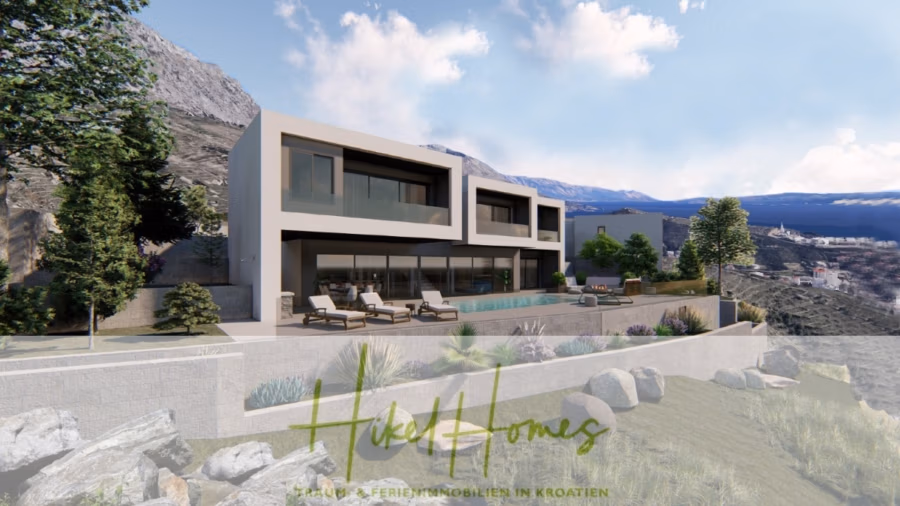 Schlüsselfertige – großzügige Meerblick Villa in ruhiger Lage, 4 SZ, 4 Bäder, Pool, … - Moderne Villa mit klaren Linien und großen Fenstern, eingebettet in eine Bergkulisse. Im Vordergrund befinden sich ein Pool, Sonnenliegen und angelegte Grünflächen. In der Ferne ist unter blauem Himmel ein Blick auf die Küste zu sehen. (42288)
