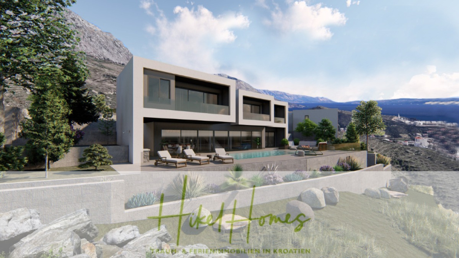 Schlüsselfertige – großzügige Meerblick Villa in ruhiger Lage, 4 SZ, 4 Bäder, Pool, … - Moderne zweistöckige Villa mit großen Fenstern, Terrasse und Pool, eingebettet in eine Hügellandschaft mit Bergen im Hintergrund. "Hikel Homes" steht quer über den Boden mit zusätzlichem Text in Deutsch. (45671)