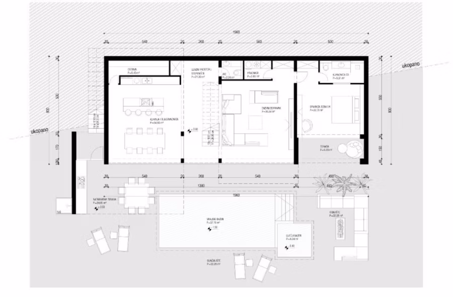 Schlüsselfertige – großzügige Meerblick Villa in ruhiger Lage, 4 SZ, 4 Bäder, Pool, … - Der Grundriss zeigt einen rechteckigen Grundriss mit drei Hauptbereichen: Wohnzimmer/Küche, Schlafzimmer und Badezimmer. Ein Außenbereich mit Pool und Sitzgelegenheiten ist ebenfalls vorhanden. Detaillierte Maße und Beschriftungen sind in der Abbildung dargestellt. (42300)
