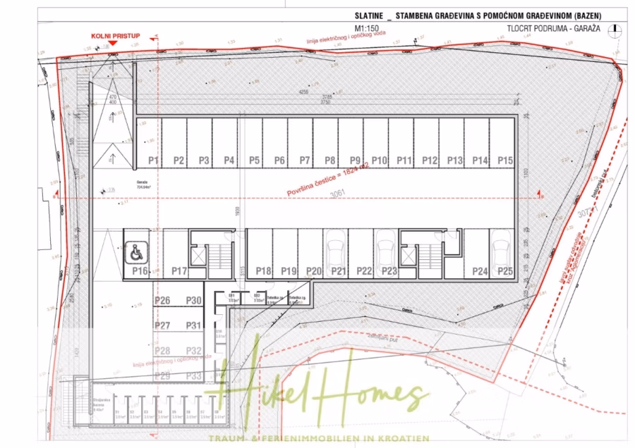1. Reihe hochwertige Neubau-Meerblick Wohnung mit 2 SZ, Terrasse und Gemeinschaftspool (S1B) - Der Lageplan zeigt eine Garagenaufteilung mit mehreren Parkplätzen von P1 bis P29. Der Plan enthält ausgewiesene Bereiche wie Treppenhäuser, einen Aufzug und Markierungen für autorisiertes Personal. Wege und Begrenzungen sind rot umrandet. (42684)
