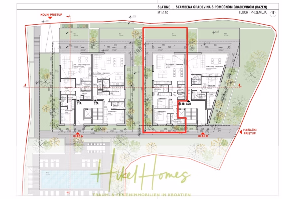 1. Reihe hochwertige Neubau-Meerblick Wohnung mit 2 SZ, Terrasse und Gemeinschaftspool (S1B) - Bauplan eines Wohnkomplexes mit zwei Hauptgebäuden, Gartenflächen und Außenwegen. Der Grundriss enthält beschriftete Wohneinheiten und Eingänge mit kroatischem Text. Unten ist „Hikel Homes“ angegeben. (42682)