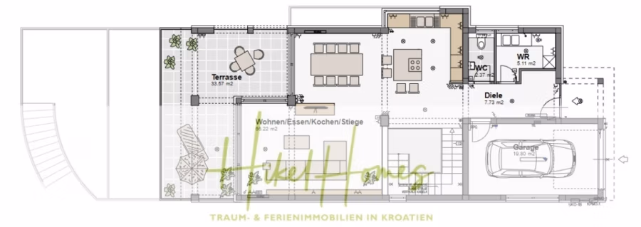 5 Sterne Luxus Villa Christina – 250m² WFL in 1. Reihe zum Meer/ 4 SZ / Neubau / Sofort bezugsfertig - Grundriss einer Immobilie mit der Bezeichnung „Heike Haus“ mit Terrasse, Wohn-/Ess-/Küchenbereich, Hauswirtschaftsraum, Gäste-WC, Flur und Garage. Der Textüberzug lautet „Traum- & Ferienimmobilien in Kroatien“. (41521)