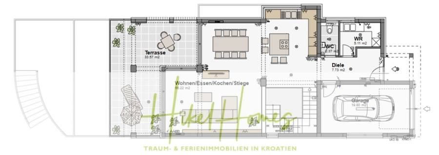 5 Sterne Luxus Villa Christina – 250m² WFL in 1. Reihe zum Meer/ 4 SZ / Neubau / Sofort bezugsfertig - Grundriss eines Hauses mit beschrifteten Räumen: Terrasse, Wohn-/Ess-/Küchenbereich, Flur, Bad, Hauswirtschaftsraum und Garage. Außen- und Innenmöbel und Pflanzen sind eingezeichnet. Das Logo "HikeHaus" überlagert das Bild. (46318)
