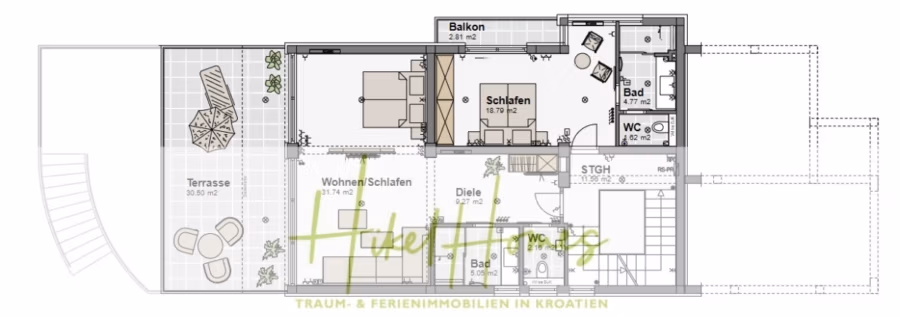 5 Sterne Luxus Villa Christina – 250m² WFL in 1. Reihe zum Meer/ 4 SZ / Neubau / Sofort bezugsfertig - Grundriss einer Wohnung mit Terrasse, Balkon und verschiedenen Zimmern. Beinhaltet einen Wohn-/Schlafbereich, Küche, Bad, WC und Flur. Der Text lautet „Hyde Homes Traum- & Ferienimmobilien in Kroatien“. (41520)