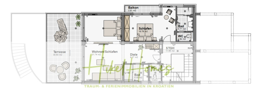 5 Sterne Luxus Villa Christina – 250m² WFL in 1. Reihe zum Meer/ 4 SZ / Neubau / Sofort bezugsfertig - Grundriss einer Wohnung mit Terrasse, Wohn-/Schlafraum, Schlafzimmer mit Balkon, Küche, Flur, zwei Bädern und zwei separaten Toiletten. Die Zimmer sind in deutscher Sprache beschriftet; das Logo von "Hyde Homes" überlagert das Bild. (46317)