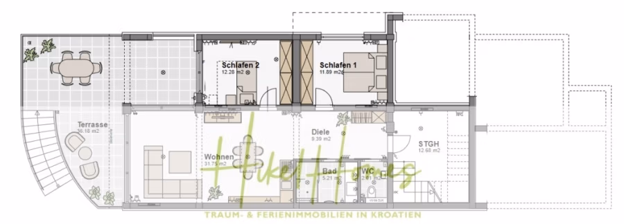 5 Sterne Luxus Villa Christina – 250m² WFL in 1. Reihe zum Meer/ 4 SZ / Neubau / Sofort bezugsfertig - Grundriss einer Wohnung mit den beschrifteten Räumen: zwei Schlafzimmer (Schlafen 1 und 2), Wohnzimmer (Wohnen), Küche, Terrasse, Badezimmer (Bad), Abstellraum (STGH) und Flur (Diele). Unten befindet sich außerdem ein Hinweis zu Immobilien in Kroatien. (41522)