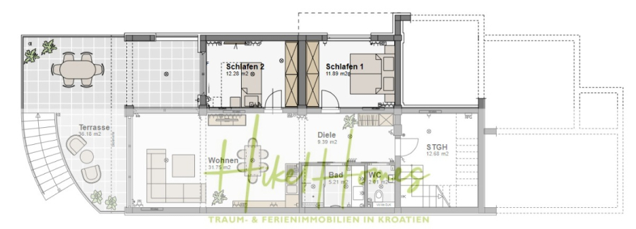 5 Sterne Luxus Villa Christina – 250m² WFL in 1. Reihe zum Meer/ 4 SZ / Neubau / Sofort bezugsfertig - Grundriss einer Wohnung mit Terrasse, Wohn- und Essbereich, Küche, Bad, zwei Schlafzimmern (Schlafen 1 und 2), Flur (Diele) und Abstellraum (STGH). Es ist grüner Text überlagert. (46320)