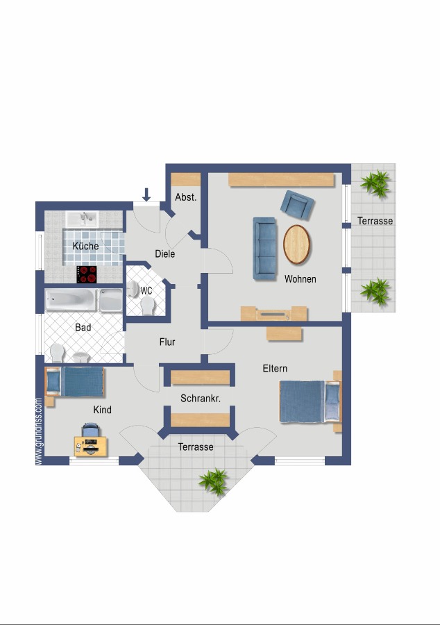 Provisionsfrei: 3,5 Zimmer Wohnung 90m² / 150m vom Bodensee entfernt mit Garten, Garage, … - Grundriss eines Hauses mit beschrifteten Räumen: Küche, Bad, WC, Diele, Flur, Abst. (Abstellraum), Wohnen (Wohnzimmer), Eltern (Schlafzimmer), Kind (Schlafzimmer), Schrankr. (Schrankr. und zwei Terrassen. (45584)