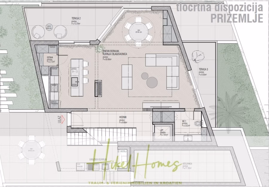 Luxus trifft Meerblick – Ein Anwesen der Extraklasse – Sofort einziehen - Architektonischer Grundriss eines Gebäudes mit der Aufschrift „PRIZEMLJE“. Es verfügt über einen Wohnbereich, einen Essbereich, eine Küche, drei Terrassen und einen Abstellraum. An den Außenkanten ist Grün eingezeichnet. Unten ist „Luxury Homes“ mit einem kroatischen Slogan zu sehen. (43713)