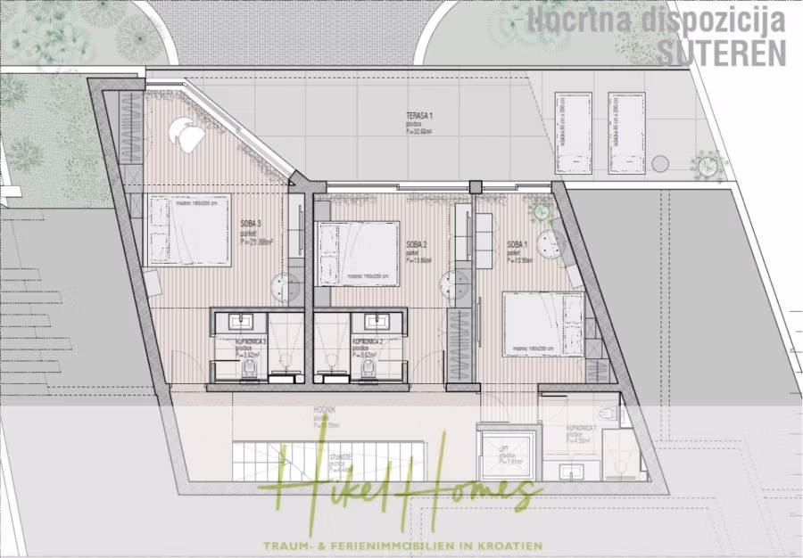 Luxus trifft Meerblick – Ein Anwesen der Extraklasse – Sofort einziehen - Grundriss einer Kellerwohnung mit der Aufschrift „tlocrtna dispozicija SUTEREN“. Der Grundriss umfasst mehrere Schlafzimmer, einen Wohnbereich und Badezimmer. Unten steht der Text „Hikel Homes“ und „TRAUM- & FERIENIMMOBILIEN IN KROATIEN“. (43714)