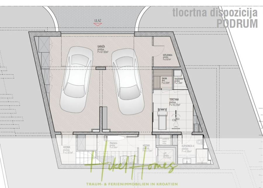 Luxus trifft Meerblick – Ein Anwesen der Extraklasse – Sofort einziehen - Architektonischer Grundriss eines Kellergeschosses mit zwei in einer Garage geparkten Autos, Abstellräumen, Waschküche, Technikraum und Badezimmer. Die Beschriftungen sind in kroatischer Sprache, und "Hikel Homes" ist unten abgebildet. (46620)