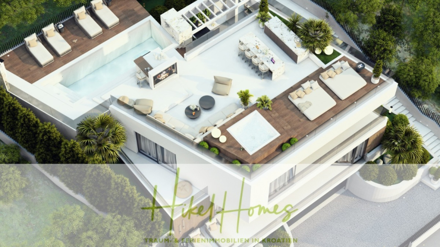 Luxus trifft Meerblick – Ein Anwesen der Extraklasse – Sofort einziehen - Luftaufnahme einer modernen Dachterrasse mit Loungesesseln, Sofas, Esstisch, Grillplatz, Pool und üppiger Bepflanzung. Der Text "Vikel Homes Traum-Ferienimmobilien in Kroatien" ist am unteren Rand eingeblendet. (46596)
