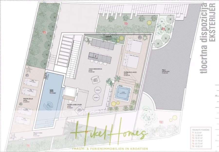 Luxus trifft Meerblick – Ein Anwesen der Extraklasse – Sofort einziehen - Grundriss eines Grundstücks mit der Bezeichnung „Hikel Homes“. Es verfügt über einen Swimmingpool, Sitzbereiche, Wege und verschiedene Gartenbereiche. Der Entwurf umfasst beschriftete Bereiche wie T2, T3, T5 und einen Parkplatz. Der Text ist auf Kroatisch. (43717)