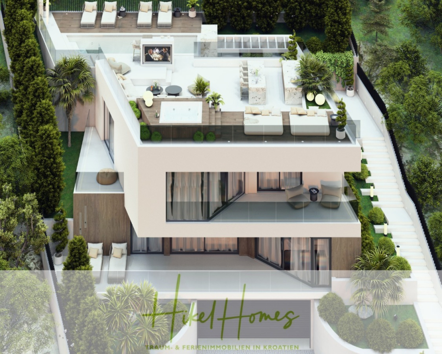 Luxus trifft Meerblick – Ein Anwesen der Extraklasse – Sofort einziehen - Eine moderne, mehrstöckige Villa mit Dachterrassen, Loungebereichen, Sonnenliegen, Grünflächen und einem Whirlpool, umgeben von üppigen Bäumen. Der Schriftzug "Vikel Homes - Traum- & Ferienimmobilien in Kroatien" erscheint am unteren Rand. (46595)