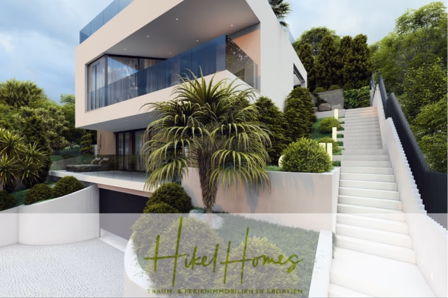 Luxus trifft Meerblick – Ein Anwesen der Extraklasse – Sofort einziehen - Modernes zweistöckiges Haus mit großen Glasfenstern und Balkon, umgeben von üppigem Grün. Eine weiße Treppe führt zum Eingang. Im Vordergrund ist ein Logo mit dem Text „Hikel Homes – Traum- & Ferienimmobilien in Kroatien“ zu sehen. (43688)