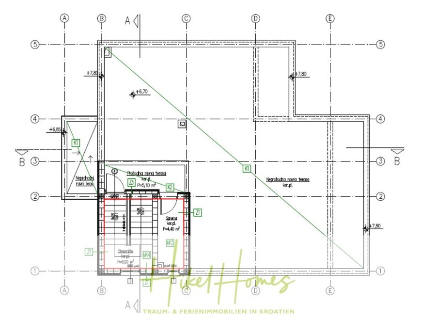 340m² Villa mit Pool auf der Insel Ciovo – vollständig möbiliert – auch Boutiquehotel möglich - Architektonischer Grundriss, der einen Gebäudegrundriss mit beschrifteten Räumen, Treppenhaus, Türen, Fenstern und Abmessungen zeigt. Rasterlinien und Schnittmarkierungen sind vorhanden. "Pixel Homes" und ein Slogan erscheinen am unteren Rand des Bildes. (45561)