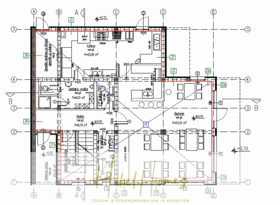 340m² Villa mit Pool auf der Insel Ciovo – vollständig möbiliert – auch Boutiquehotel möglich - Grundriss mit beschrifteten Räumen, darunter Küche, Essbereich, Wohnbereich und Bad. Details wie Türen, Fenster und Treppen sind markiert. Ein Raster mit Buchstaben und Zahlen umgibt den Rahmen, und die Maße sind durchgehend angegeben. (41645)