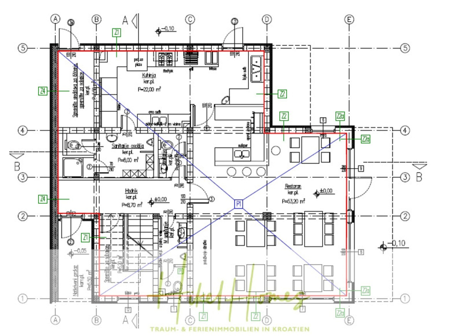 340m² Villa mit Pool auf der Insel Ciovo – vollständig möbiliert – auch Boutiquehotel möglich - Architektonischer Grundriss eines Hauses mit beschrifteten Räumen, Einrichtungsplänen und baulichen Details. Die Räume umfassen Küche, Wohnbereich, Badezimmer und Schlafzimmer. Maße und Symbole sind durchgehend deutlich dargestellt. (45558)