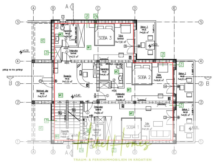 340m² Villa mit Pool auf der Insel Ciovo – vollständig möbiliert – auch Boutiquehotel möglich - Architektonischer Grundriss mit beschrifteten Räumen, Wänden, Türen und Fenstern. Besonders erwähnenswert sind Schlafzimmer (Soba), Badezimmer, Treppenhäuser und Anmerkungen in kroatischer Sprache. Der Plan ist mit Messlinien und Symbolen versehen. (45560)