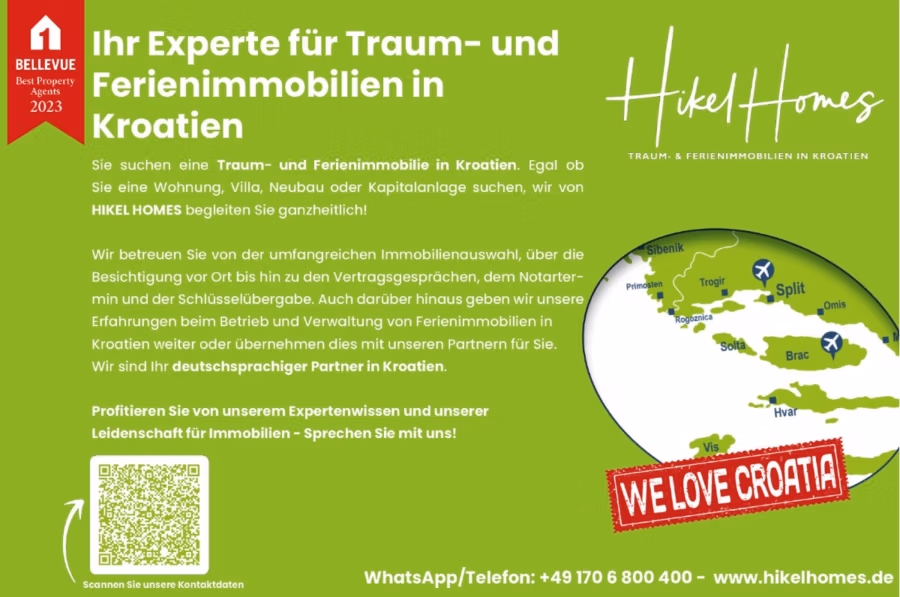 340m² Villa mit Pool auf der Insel Ciovo – vollständig möbiliert – auch Boutiquehotel möglich - Werbung für „Hikel Homes“ mit Traumhäusern in Kroatien. Enthält eine Karte mit Herzsymbol, Kontaktinformationen und ein rotes „Wir lieben Kroatien“-Etikett. Angeboten werden Dienstleistungen für Immobilienkauf und Investitionen. Text in Deutsch. (41648)