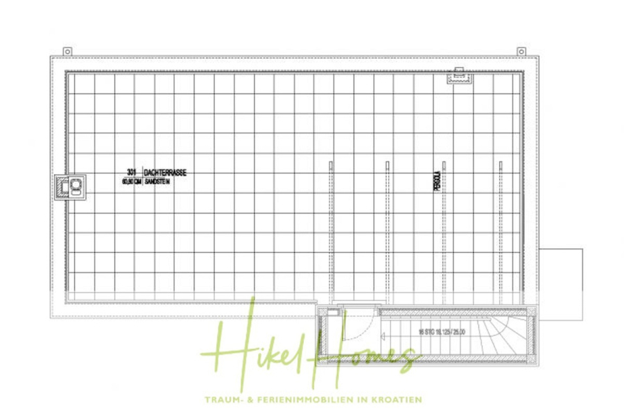 Villa im Mittelmeerstil mit 3 SZ, Pool, Dachterrasse mit Meerblick (1) - Architektonischer Grundriss einer Dachterrasse mit Gitternetzlinien, die ein Treppenhaus, einen Aufzugsschacht und einen beschrifteten technischen Bereich zeigen. Der Text "Hikel Homes" erscheint am unteren Rand mit zusätzlicher deutscher Beschriftung. (45832)