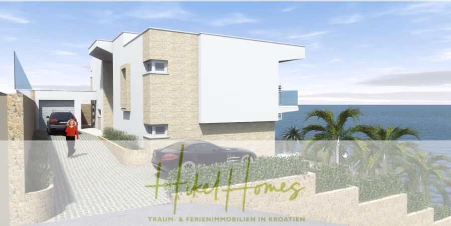 1437m² in erste Reihe zum Meer / Bauland zur Bebauung mit 2 Villen – Planung ist vorhanden - Modernes Haus am Meer mit beigefarbenem Stein und weißer Fassade. Zwei parkende Autos in der Einfahrt, eine Person geht zum Eingang. Im Hintergrund Palmen und Meerblick. Deutscher Text: „Hike! Homes Traum- & Ferienimmobilien in Kroatien.“. (42383)