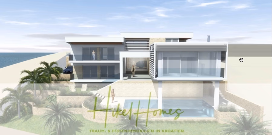 1437m² in erste Reihe zum Meer / Bauland zur Bebauung mit 2 Villen – Planung ist vorhanden - Eine moderne, mehrstöckige Strandvilla mit großen Fenstern und Balkonen mit Meerblick. Das Anwesen ist von Palmen umgeben und verfügt über einen Swimmingpool. Im Vordergrund ist Text in Grün und Beige zu sehen. (42382)
