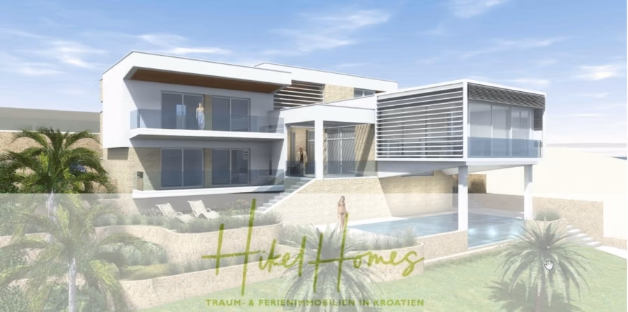 1437m² in erste Reihe zum Meer / Bauland zur Bebauung mit 2 Villen – Planung ist vorhanden - Ein modernes, mehrstöckiges Haus mit großen Glasfenstern und Balkonen bietet Blick auf einen Pool. Die Architektur verbindet Stein und elegante Designelemente, umgeben von Palmen. Blauer Himmel darüber. Textüberlagerung „Hikel Homes“. (42381)