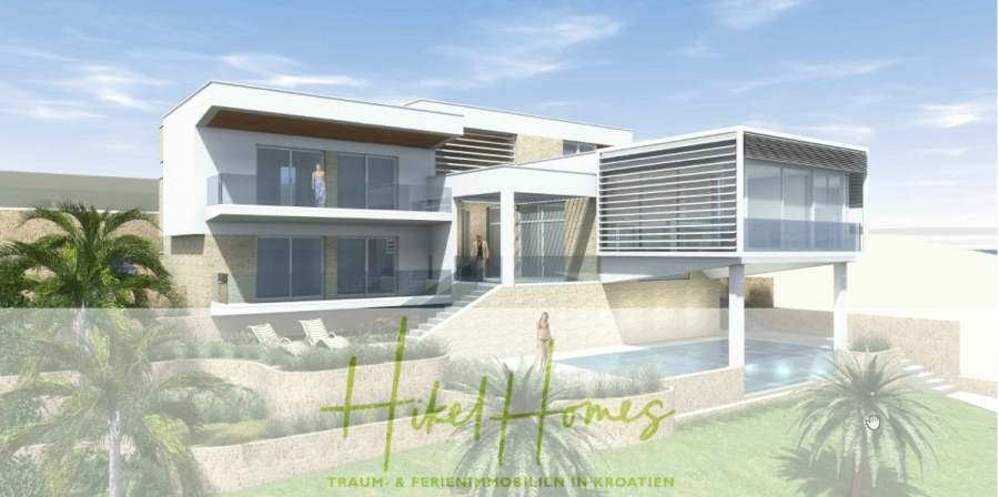 1437m² in erste Reihe zum Meer / Bauland zur Bebauung mit 2 Villen – Planung ist vorhanden - Eine moderne, zweistöckige Luxusvilla mit großen Fenstern, Balkonen und einem Infinity-Pool, eingebettet in eine sonnige, tropische Landschaft. Der Text "Hikel Homes" und "Traum- & Ferienimmobilien in Kroatien" erscheint am unteren Rand. (45984)