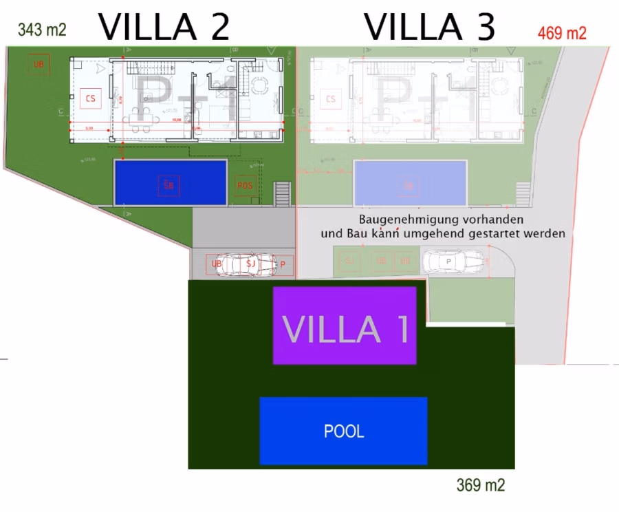 2 Meerblick Villen + freies Grundstück ideal zur Vermietungauf der Insel Dugi Otok jeweils mit Pool - Lageplan mit Villa 1 mit Pool (369 m²), Villa 2 (343 m²) und Villa 3 (469 m²). Villa 1 befindet sich unten mit beschriftetem Pool. Die Villen 2 und 3 befinden sich darüber. Deutscher Text weist auf die Verfügbarkeit einer Baugenehmigung hin. Wege und Grünflächen sind sichtbar. (42914)