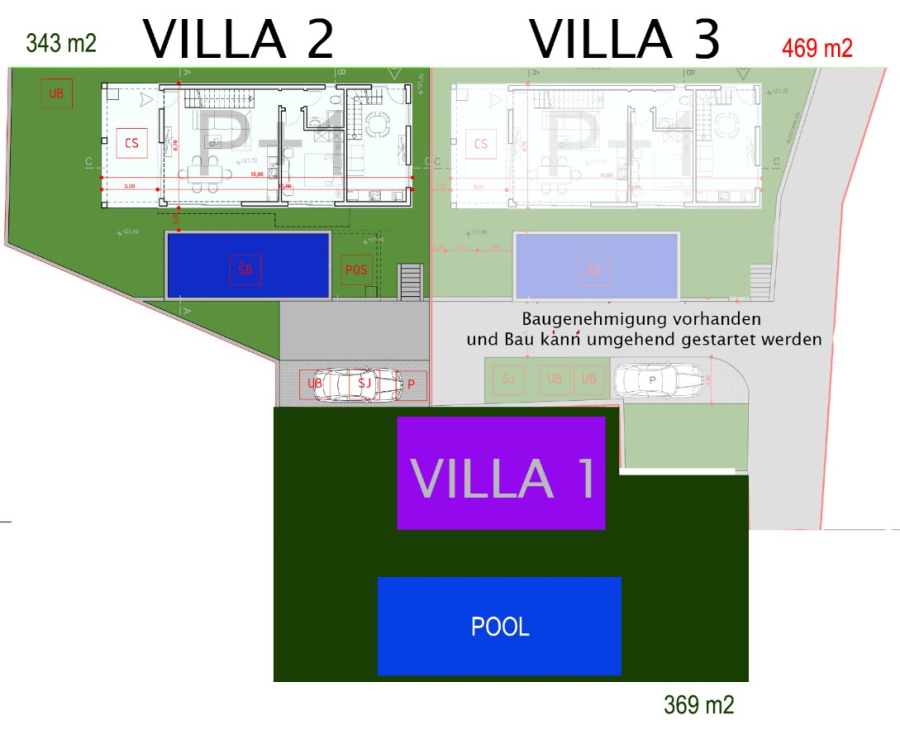 2 Meerblick Villen + freies Grundstück ideal zur Vermietungauf der Insel Dugi Otok jeweils mit Pool - Lageplan mit drei beschrifteten Villen (Villa 1, Villa 2, Villa 3) und einem Pool in der Nähe von Villa 1. Die Flächengrößen sind in Quadratmetern angegeben, und der deutsche Text verweist auf die sofortige Baugenehmigung für Villa 3. (44760)