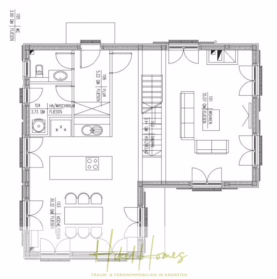 Villa im Mittelmeerstil mit 3 SZ, Pool, Dachterrasse mit Meerblick (7) - Grundriss eines Hauses mit Wohnbereich, Küche, Esszimmer, Bad und Abstellraum. Türen, Fenster und Maßangaben sind im Grundriss enthalten. Die schwarz-weiße Skizze enthält maßstabsgetreue Möbel. (41666)