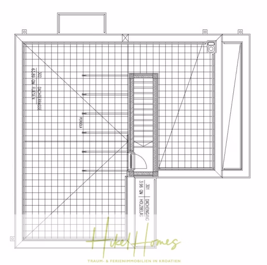 Villa im Mittelmeerstil mit 3 SZ, Pool, Dachterrasse mit Meerblick (7) - Bauplan eines rechteckigen Raumes mit Rasterlinien und Meterangaben. An der oberen Wand befinden sich zwei Fenster, in der oberen rechten Ecke ein Waschbecken und an der unteren Wand eine Tür. Der Grundriss trägt die Bezeichnung „Hike Homes“. (41668)