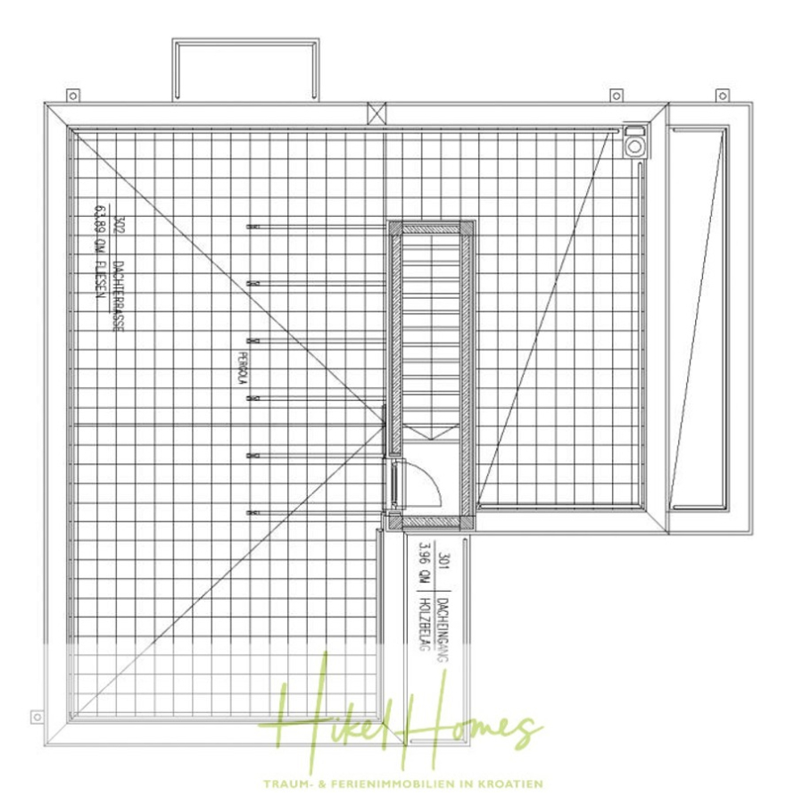 Villa im Mittelmeerstil mit 3 SZ, Pool, Dachterrasse mit Meerblick (7) - Architektonischer Grundriss, der einen rechteckigen Raum mit einem kleineren Nebenraum, Türen, Fenstern, Gitterlinien und Abmessungen zeigt. Das "Hike Homes"-Logo und der Slogan erscheinen am unteren Rand des Bildes. (44843)