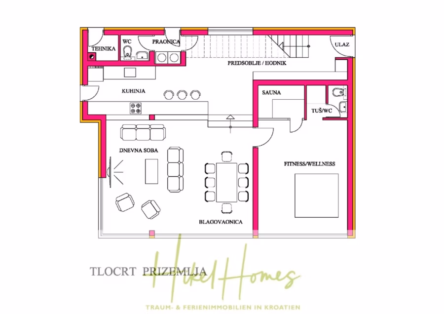 Seeview 2 von 3 | Möbilierte Luxus-Meerblick Villa mit 4 SZ, Pool, Sauna, Fitness, Jacuzzi, - Grundriss eines Hauses mit beschrifteten Bereichen wie Küche, Wohnzimmer, Esszimmer, Büro, Fitness/Wellness, Bad und Sauna. Eine Treppe führt in die nächste Ebene. Der Grundriss ist farblich hervorgehoben und auf Kroatisch beschriftet. (41764)