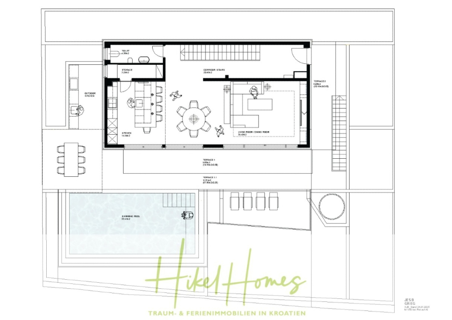 Erstbezug – ab sofort und Herbst genießen! Schlüsselfertige Meerblick Villa, 3SZ, Pool, … - Architektonischer Grundriss mit offenem Wohn-, Ess- und Küchenbereich, zwei Bädern und einer Terrasse mit Sitzgelegenheiten im Freien und einem Pool. "Hikel Homes" und der deutsche Text stehen am unteren Rand des Bildes. (44495)