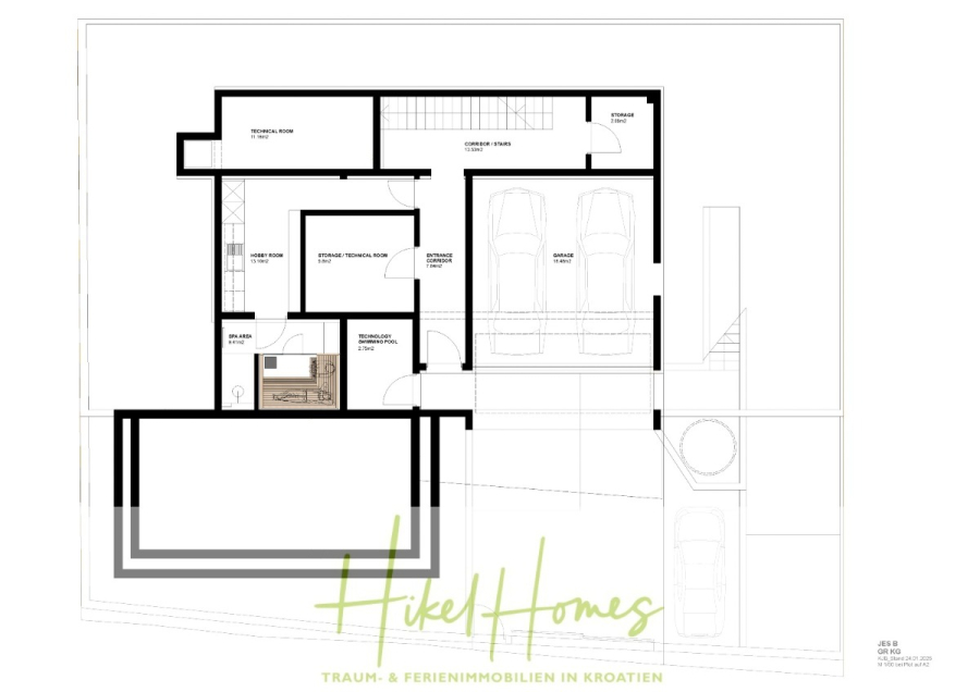 Erstbezug – ab sofort und Herbst genießen! Schlüsselfertige Meerblick Villa, 3SZ, Pool, … - Grundriss eines modernen Hauses mit einer Doppelgarage, Technikräumen, Abstellraum, Treppenhaus, Bad, Flur und mehreren anderen Räumen. Unten steht "Hikel Homes" und "Traum- & Ferienimmobilien in Kroatien". (44494)