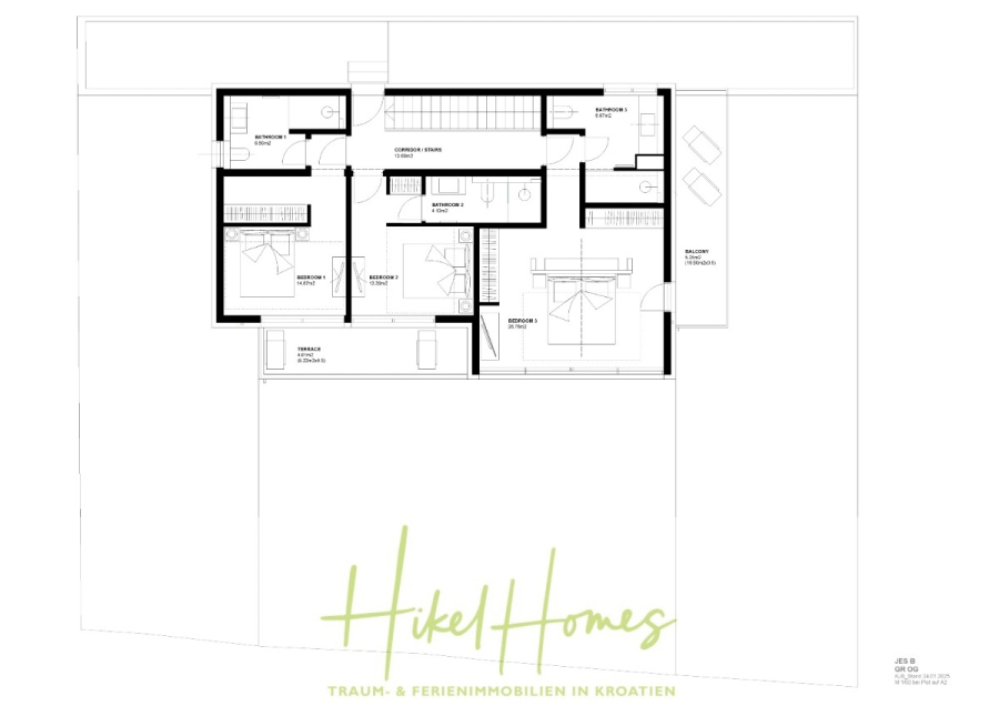 Erstbezug – ab sofort und Herbst genießen! Schlüsselfertige Meerblick Villa, 3SZ, Pool, … - Schwarz-weißer Grundriss eines Hauses mit drei Schlafzimmern, zwei Bädern, einem Flur, Abstellräumen, Schränken, einem Balkon mit Sitzgelegenheiten und beschrifteten Räumen. Unten steht "Hikel Homes Traum- & Ferienimmobilien in Kroatien". (44496)