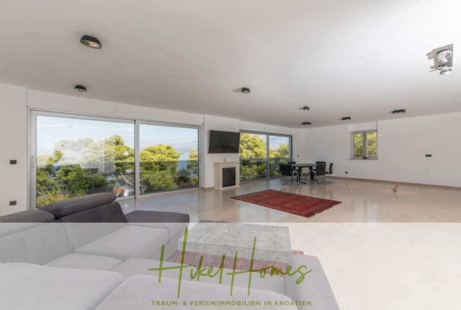 Erstbezug-Neubau Villa / Luxus Ausstattung / Pool / … - Modernes, geräumiges Wohnzimmer mit großen Fenstern, minimaler Einrichtung, einem grauen Sektionssofa, einem Kamin, einem Fernseher, einem roten Teppich und einem kleinen Essbereich. Vor den Fenstern sind Bäume und der blaue Himmel zu sehen. (45931)