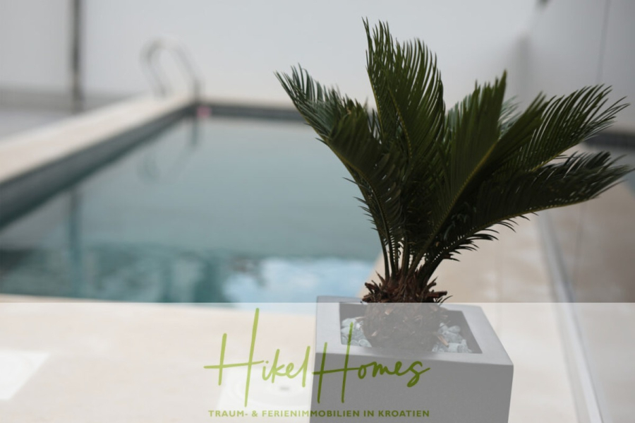 Erstbezug-Neubau Villa / Luxus Ausstattung / Pool / … - Im Vordergrund ist eine kleine Palme in einem weißen Topf zu sehen, im unscharfen Hintergrund ein modernes Hallenbad mit Poolleiter. Am unteren Rand steht der Text "Hikel Homes Traum- & Ferienimmobilien in Kroatien". (45939)