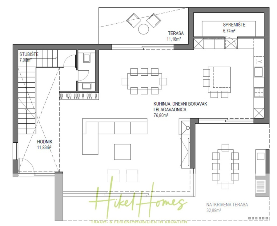 Meerblick – Schlüsselfertige Villa Princ in Seget Vranijca – modernste Technik – 3 SZ - Architektonischer Grundriss mit offenem Küchen-, Wohn- und Essbereich, zwei Terrassen, einem Abstellraum, einem Flur und einem Treppenhaus. Die Einrichtungspläne für jeden Raum sind deutlich gekennzeichnet. Logo "Hikel Homes" am unteren Rand. (45492)