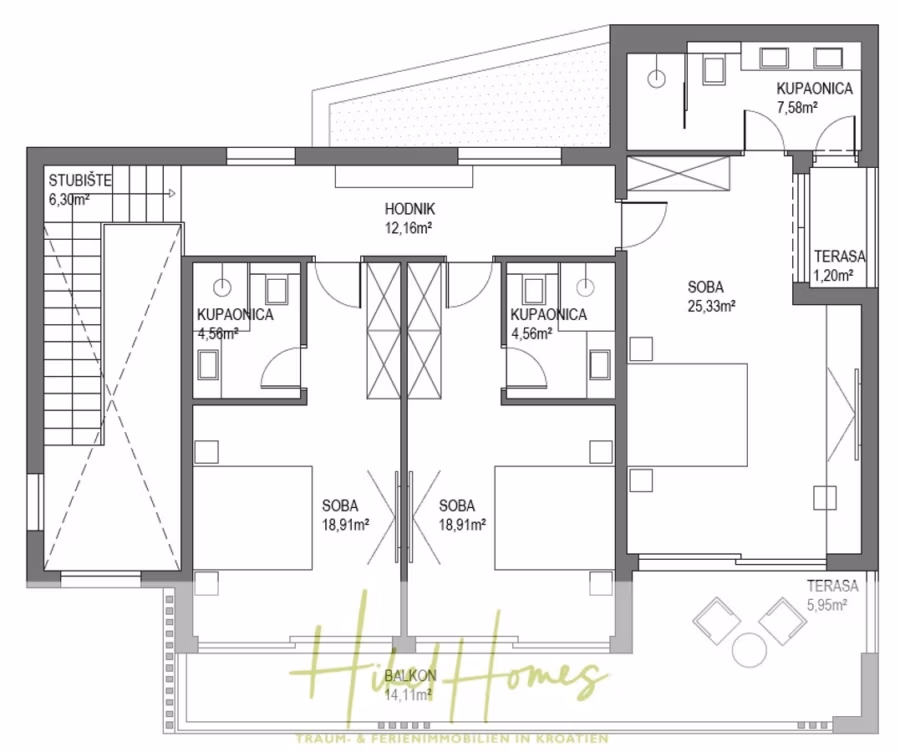 Meerblick – Schlüsselfertige Villa Princ in Seget Vranijca – modernste Technik – 3 SZ - Plan einer Wohnung mit zwei Schlafzimmern (beschriftet „SOBA“), zwei Badezimmern (beschriftet „KUPAONICA“), einem Küchen-/Essbereich (beschriftet „HOONIK“), einem Flur und zwei Terrassen (beschriftet „TERASA“). Der Grundriss umfasst einen Balkon und eine Treppe. (42009)