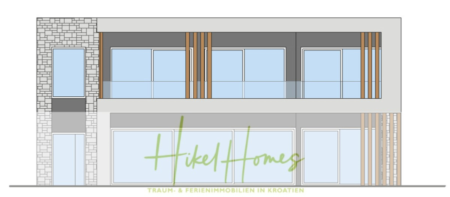 Meerblick – Schlüsselfertige Villa Princ in Seget Vranijca – modernste Technik – 3 SZ - Eine moderne zweistöckige Hausfassade mit großen Fenstern, vertikalen Holzlatten, einer Steinmauer an einer Seite und einem Balkon. Der Text "Hikel Homes" und "Traum- & Ferienimmobilien in Kroatien" erscheint darunter. (45496)