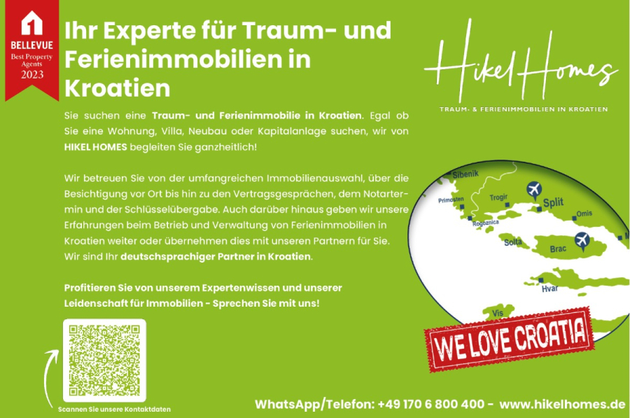 Meerblick – Schlüsselfertige Villa Princ in Seget Vranijca – modernste Technik – 3 SZ - Werbegrafik für Hikel Homes, Spezialist für Traum- und Ferienimmobilien in Kroatien. Das Bild zeigt einen grünen Hintergrund, eine Karte mit einem Herz über Kroatien und Kontaktinformationen sowie ein rotes Banner mit der Aufschrift "WIR LIEBEN KROATIEN". (45498)