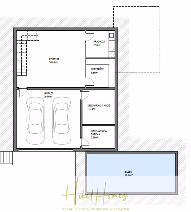 Meerblick – Schlüsselfertige Villa Princ in Seget Vranijca – modernste Technik – 3 SZ - Grundriss eines Gebäudes mit Doppelgarage, Lagerräumen, Pooltechnikraum, Speisekammer und Außenschwimmbad. In der Nähe der Garage befindet sich eine Treppe, die in ein Obergeschoss führt. Der Plan enthält die Raummaße in Quadratmetern. (42010)
